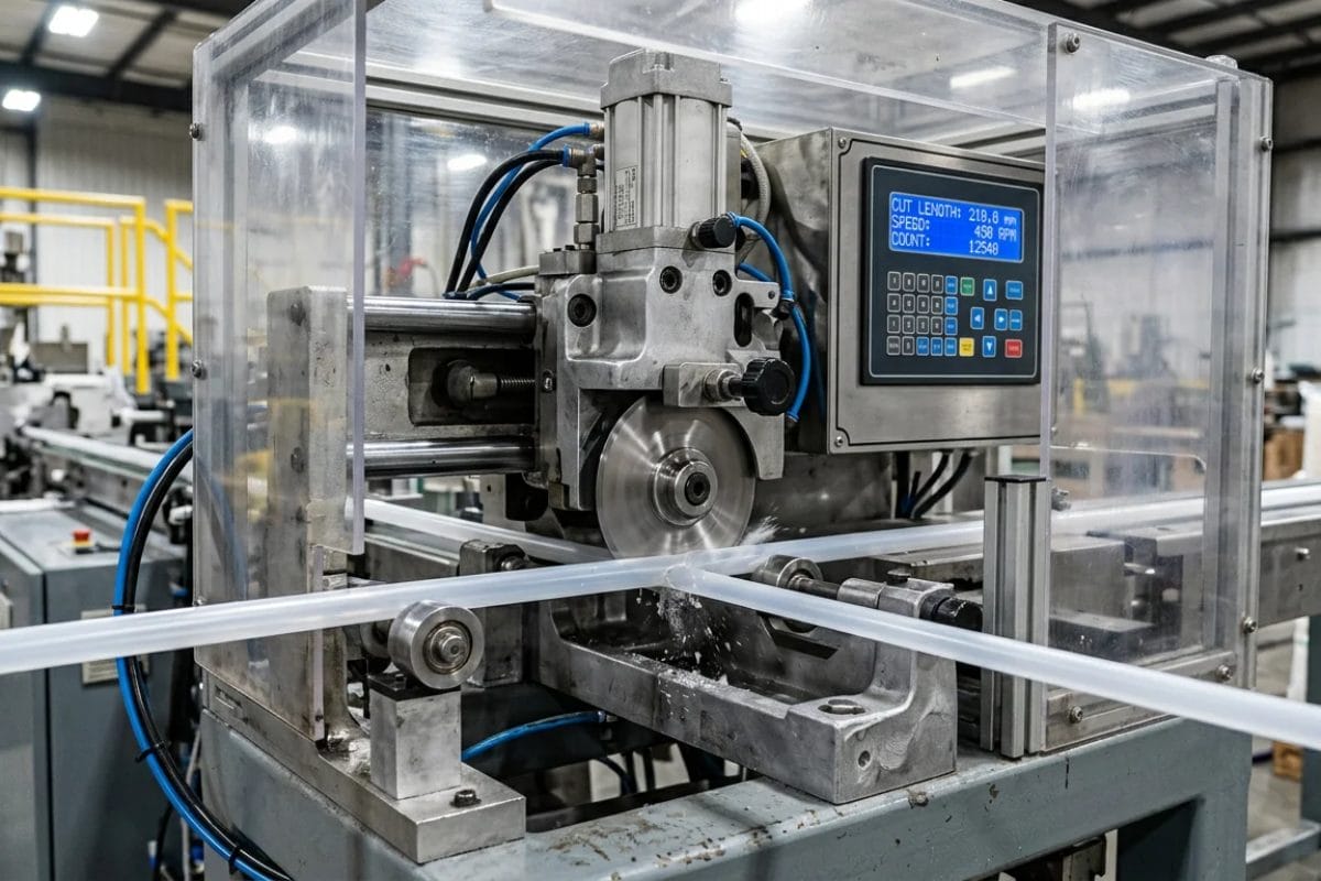 Automatic cutting system on drinking straw making machine for precision length control