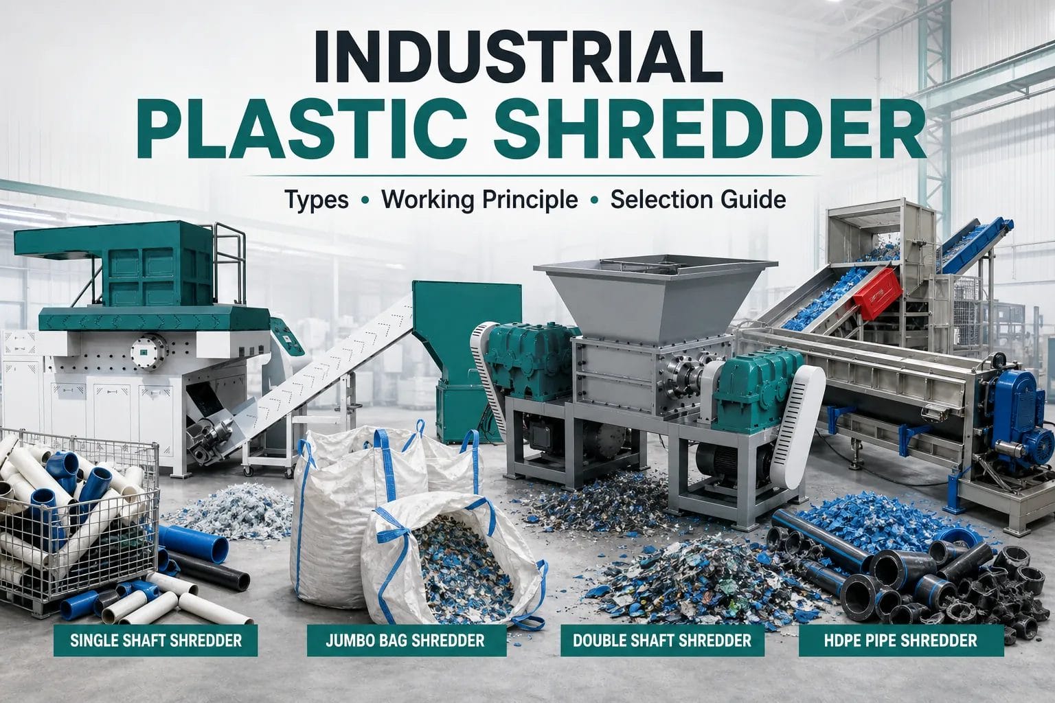 Industrial plastic shredder machine overview with single shaft double shaft pipe and jumbo bag shredders