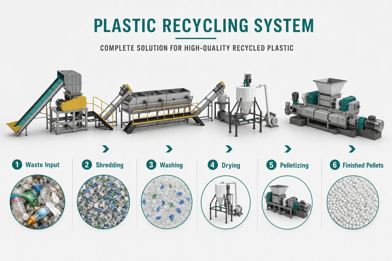 Plastic recycling system process flow from waste input to finished pellets