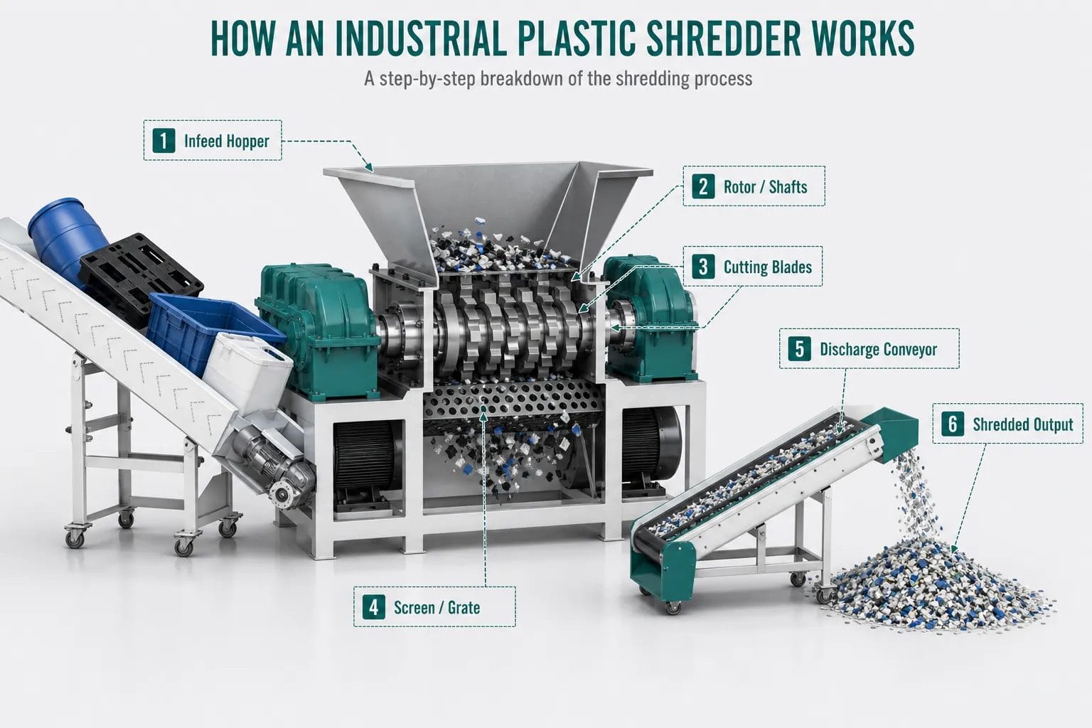 How an industrial plastic shredder works with hopper shafts blades screen and discharge conveyor