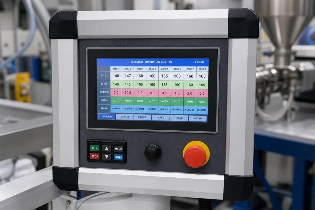 plastic straw machine PLC touchscreen showing 8-zone extrusion temperature control settings