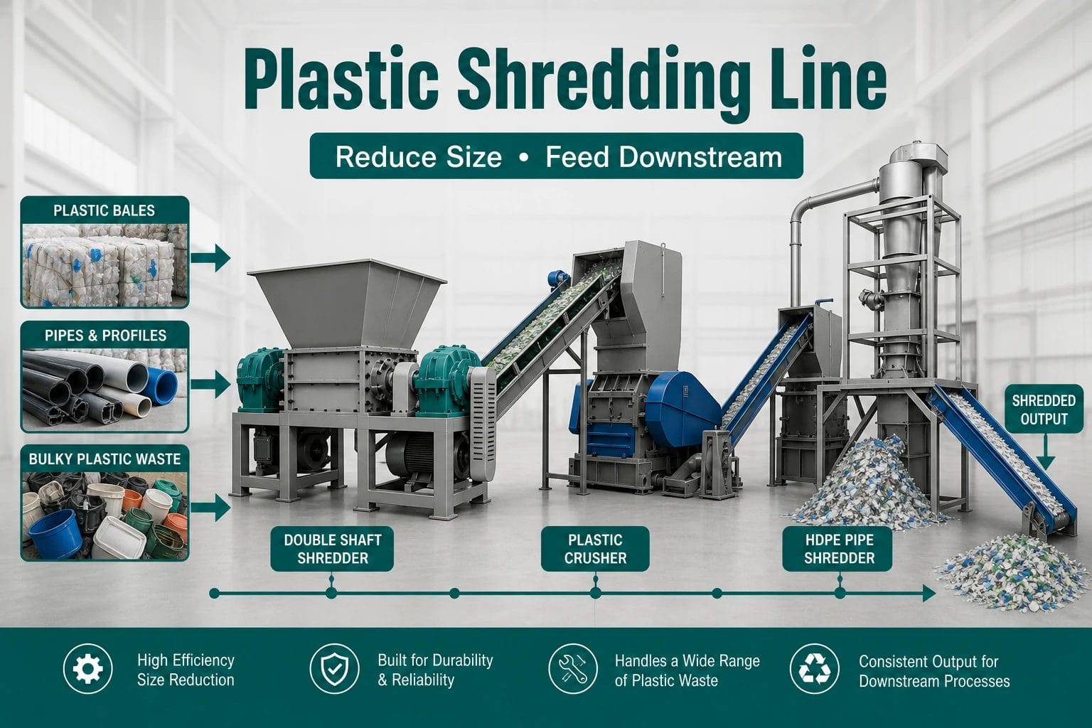Plastic shredding line reducing bulky waste into smaller pieces for downstream processing
