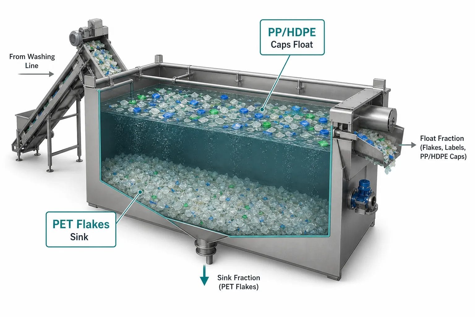 PET float-sink separation tank showing PET flakes sinking and PP HDPE caps floating