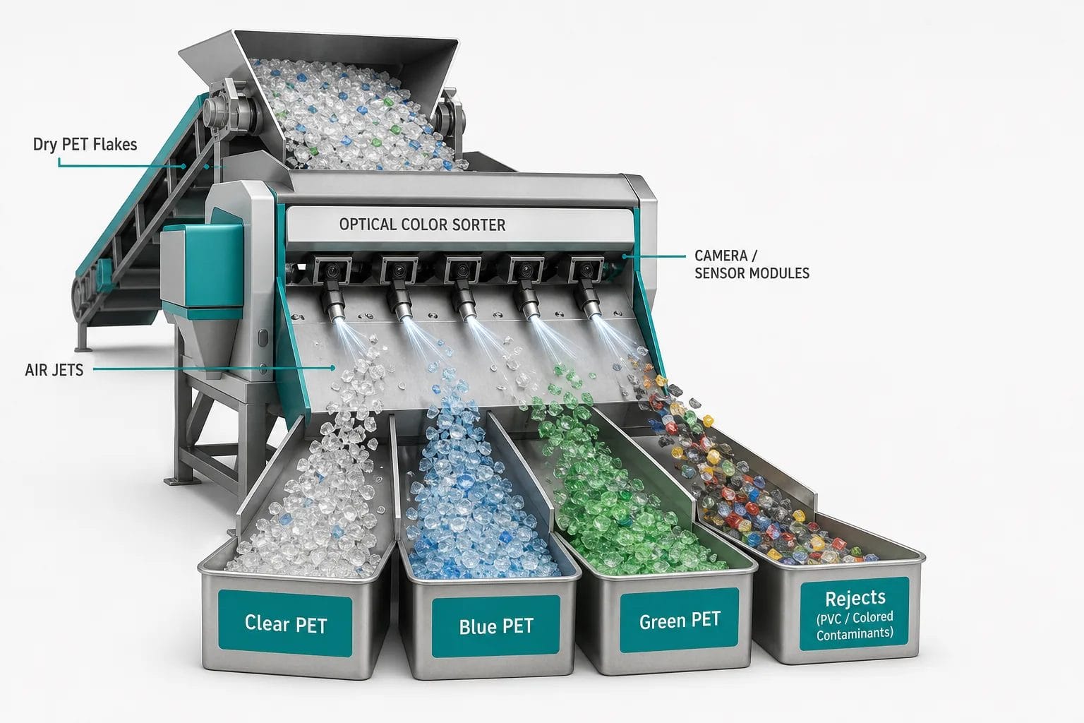 PET flake optical sorting machine separating clear blue green PET flakes and rejects