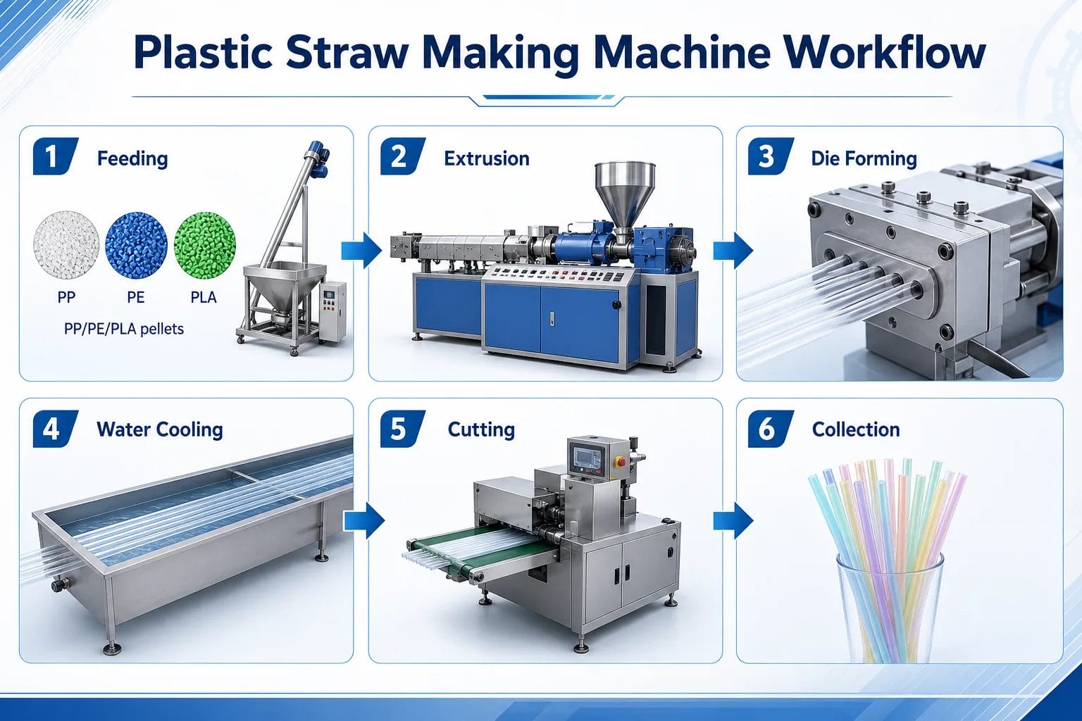 plastic straw making machine workflow from resin feeding extrusion die forming cooling cutting to finished straws