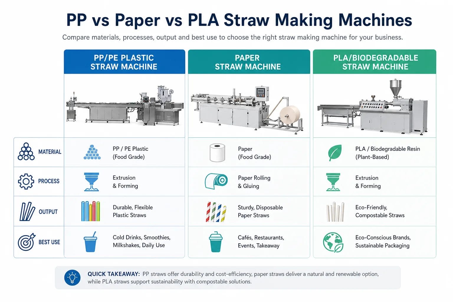 PP vs paper vs PLA straw making machine comparison by material process and output