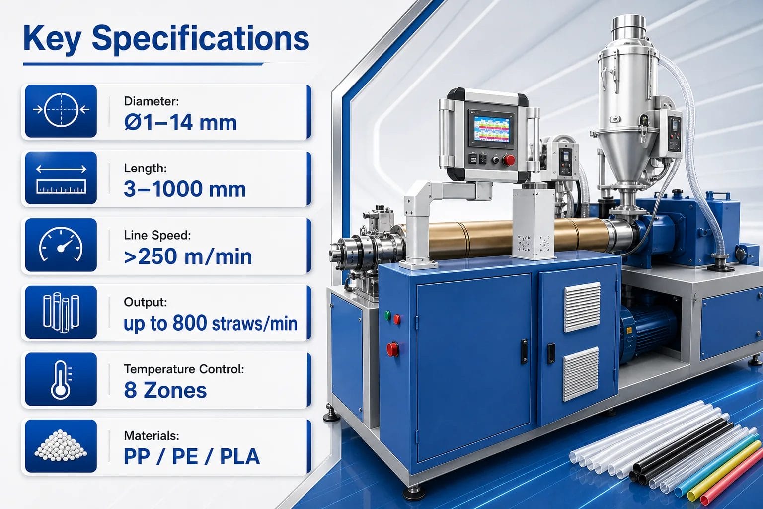 plastic straw machine capacity and specification visual with extrusion line control panel and straw diameter samples
